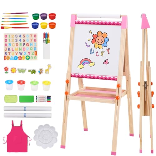 Kinder Staffelei mit Papierrolle Doppelseitige,Faltbare Doppelseitige Kunst staffelei für Whiteboard und Kreidetafe,höhenverstellbar mit 92 Reichhaltige Zubehörteilen,Geschenk für Kinder（T05） von NUKied