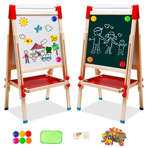 Kindertafel aus Holz mit Papierrolle Doppelseitige Whiteboard und Tafel Kinder Staffelei mit Zahlen und Anderem Zubehör für Kinder und Kleinkinder (T04) von NUKied