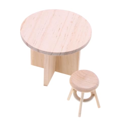 NUOBESTY 1 Satz Massivholzmöbelmodell Innenraum Dekoration Rundtisch und Hocker Möbel für Puppenhaus Möbel für Miniaturhaus Runde Hocker Miniatur-Tischmodell Puppenhaus-Hockermodell Beige von NUOBESTY