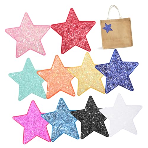 NUOBESTY 10 Stück Gestickter Stoffaufnäher Pailletten Patches Name Sternenfleck Perlen Stich sortiert aufnäher für jacken Patches für Jacken Sternflicken aufbügeln Pailletten-Sternaufkleber von NUOBESTY