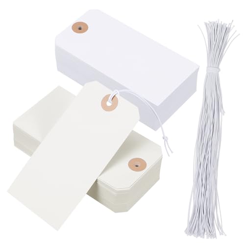 NUOBESTY 100 Stück Leere Etiketten mit Schnur Beschriftbare Preisschilder aus Papier für Kleidung Schmuck und Weiß und Beige Vielseitig Einsetzbar von NUOBESTY