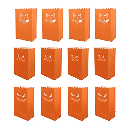 NUOBESTY 12 Stück Halloween Papiertüten mit Kürbis LED Licht Lanternen für Tischdeko Feuerschutz Kerzenbeutel für Halloween Feiern und Dekoration von NUOBESTY