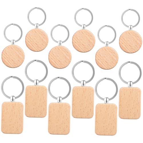 NUOBESTY 12 Stück Teiliges Holz Schlüsselanhänger Grundform Runde Abgerundete Rechteckige Formen Beschriftbare Holzanhänger zum Gravieren Stabile Schlüsselringe DIY Bastelzubehör von NUOBESTY