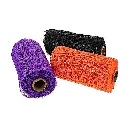 NUOBESTY 3 Rollen Halloween Dekoratives Mesh Band Metallic Folie Netzband in Schwarz Dunkelviolett und Orange Polyester DIY Kranz Bastelband für Geschenkverpackung und Partydeko von NUOBESTY
