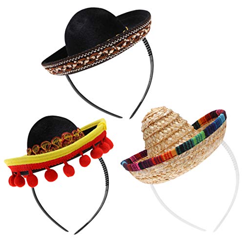 NUOBESTY Kinderhüte 3 Stück Mexikanischen Sombrero Hut Stirnband Festival Strohhut Haar Reifen Mexikanisches Kostüm für Cinco de Mayo Spanisch Fiesta Mexikanische Thema Dekorationen von NUOBESTY