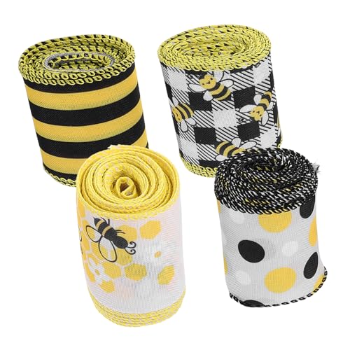 NUOBESTY 4 Rollen Dekorative Geschenkband Bienenmuster Langlebiges Polyester und Stoffband Vielseitig für DIY Basteln Schleifen Geschenkverpackung Leicht Zuschneidbar und Tragbar von NUOBESTY