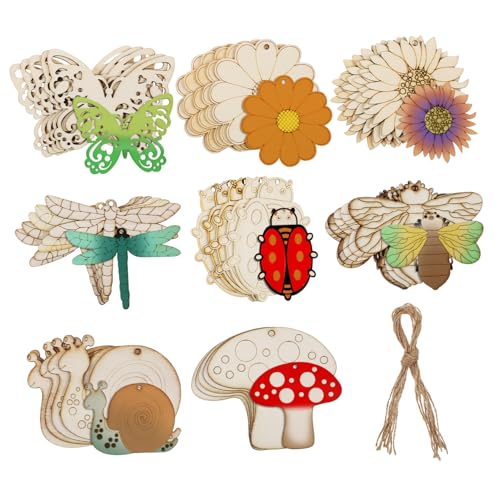 NUOBESTY 40 Stück Blumen und Insekten Holzdekorationen Unvollendete Holzschnittmuster mit Juteseilen für DIY Bastelprojekte und Kreative Wandgestaltung NUOBESTY 40 Stück Blumen und Insekten Holzdekorationen Unvollendete Holzschnittmuster mit Juteseilen für DIY Bastelprojekte und Kreative Wandgestaltung von NUOBESTY