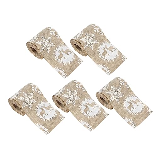 NUOBESTY 5 Stück Sackleinen bedrucktes Gurtband weihnachtsdeko ribbon christmas dekoration Lockenband in verschiedenen Farben Dekorationen Druckband weihnachtsband feines Leinen von NUOBESTY