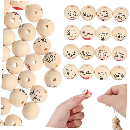 NUOBESTY 80Stücke Runde Holzperlen mit Lächel Gesicht Bastelperlen mit Großen Löchern für DIY Schmuck und Bastelprojekte zum Auffädeln und Verknüpfen von NUOBESTY