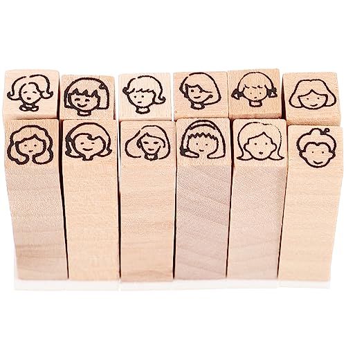 NUOBESTY Karikatur Holz-Gummistempel-Set 12-Teiliges Holz-Scrapbooking-Stempel-Cartoon-Lächeln-Gesichts-Stempel Journaling-Stempel Bastel-Tintenstempel-Stempel-Siegel-Set von NUOBESTY