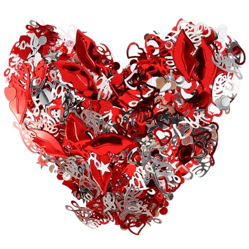 NUOBESTY Valentinstag-Herzkonfetti Glitzerndes Herz Mit Pailletten Jubiläumsfeier Tischstreukonfetti Hochzeit Metallfolie Rot Silber Rote Lippen Liebesbrief-Konfetti von NUOBESTY