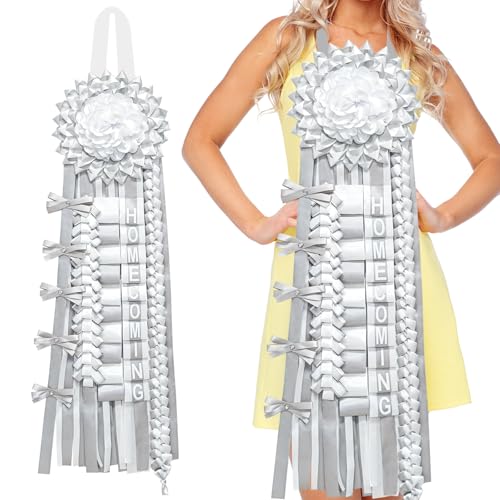 Homecoming Mum Supplies Set enthält Homecoming Mum Flower und 5Pcs Braid Ribbon, Back to School Classroom Homecoming Week Party Dekorationen DIY Craft Kit (Weiß und Silber) von NUOLAN