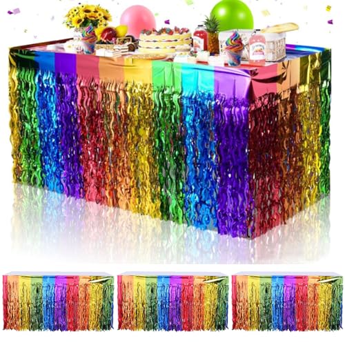 NUWIQ Quasten Tischrock,4 Stück Tischröcke Regenbogen, L275 × H75cm Metallfolien Fransen Tischrock, Dekorativer Tischrock,Quasten Tischrock, Party Tischröcke, für Geburtstage, Festivals, Hochzeiten von NUWIQ