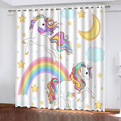 NUYSP Cartoon-Pony Vorhang Blickdicht B 110 X H 95 cm Polyester Vorhänge mit Ösen 2er Set Gardinen, 3D Gedruckt Regenbogensterne Verdunkelungsvorhang für Kinderzimmer Wohnzimmer Schlafzimmer von NUYSP