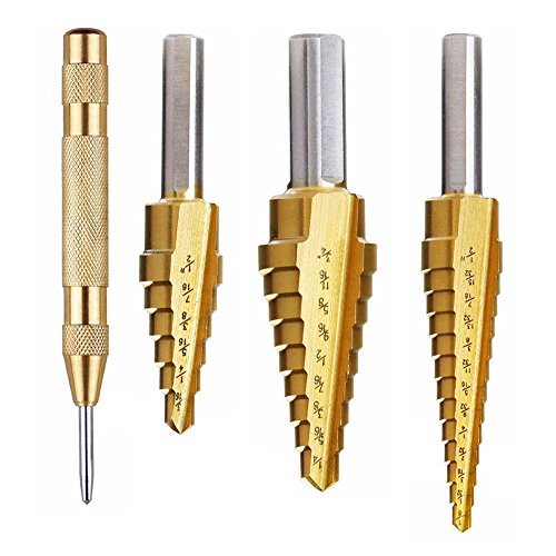 NUZAMAS 3er-Set HSS Titan-Stufenbohrer-Set mit automatischer Körnerspitze | Hochgeschwindigkeitsstahl | Total 28 Größen 118 ° Split Point Tip Design NUZAMAS 3er-Set HSS Titan-Stufenbohrer-Set mit automatischer Körnerspitze | Hochgeschwindigkeitsstahl | Total 28 Größen 118 ° Split Point Tip Design von NUZAMAS