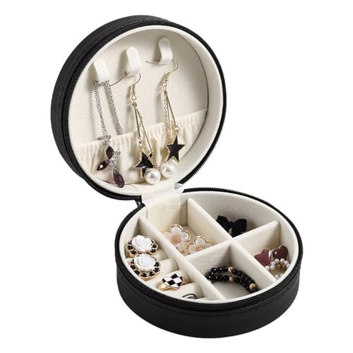 NUZAMAS Schwarze Reise-Schmuckschatulle, Mini-tragbarer Organizer, Reiseetui mit Reißverschluss, kleine Aufbewahrungsboxen aus PU-Leder, runde Ohrringe-Box für Frauen, Gilrs, Geschenk NUZAMAS Schwarze Reise-Schmuckschatulle, Mini-tragbarer Organizer, Reiseetui mit Reißverschluss, kleine Aufbewahrungsboxen aus PU-Leder, runde Ohrringe-Box für Frauen, Gilrs, Geschenk von NUZAMAS