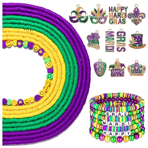 3000 Stück + Mardi Gras Tonperlen zur Schmuckherstellung, goldfarbene, violette, grüne Heishi-Perlen, Emaille-Narren-Maske, Fleur de Lis Charms für Armband, Halskette, DIY Handwerk (Karneval) von NVENF