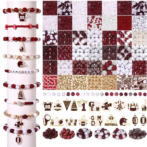 3000 Stück + Spieltags-Perlen für Armbänder, Heishi-Perlen, Acryl, Buchstaben-Perlen, Emaille, Fußball-Anhänger für Armbänder, Ohrringe, Halsketten, DIY, Spieltags-Zubehör, Burgunderrotweiß von NVENF