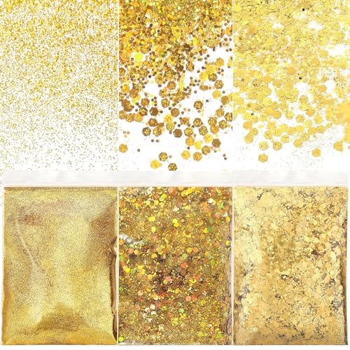 NVGVUP 150g Glitzer zum Basteln, Gold Glitzerpulver Pailletten, Gemischte Grobe Feine Gold Farben Glitzerpulver, Glitzerpuder für Nägel Kunst Gesicht Kartenbasteln Handwerk, 3 Größen(0.2mm, 1mm, 3mm) NVGVUP 150g Glitzer zum Basteln, Gold Glitzerpulver Pailletten, Gemischte Grobe Feine Gold Farben Glitzerpulver, Glitzerpuder für Nägel Kunst Gesicht Kartenbasteln Handwerk, 3 Größen(0.2mm, 1mm, 3mm) von NVGVUP