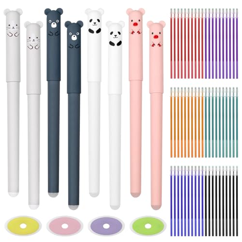 NVGVUP Radierbarer Kugelschreiber, 8 Stück Farbe Radierbare Stifte 0.5 mm, Cartoon Löschbar Gelstifte mit 60 Nachfüllungen und 4 Radiergummis, für Kinder Studenten Erwachsene Bürobedarf von NVGVUP
