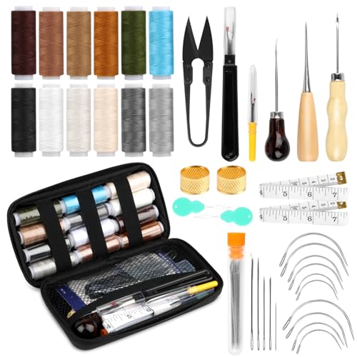 Leder Nähset, 50-Teiliges Hochleistungs-Nähset, Leder Werkzeug mit Nähnadeln, Nähahle, Nahttrenner, Nähgarn, Ledergarn, Gebogene Nähnadel, Sewing Kit für Reparaturen, Handnähen, DIY-Lederhandwerk Leder Nähset, 50-Teiliges Hochleistungs-Nähset, Leder Werkzeug mit Nähnadeln, Nähahle, Nahttrenner, Nähgarn, Ledergarn, Gebogene Nähnadel, Sewing Kit für Reparaturen, Handnähen, DIY-Lederhandwerk von NVIYAM