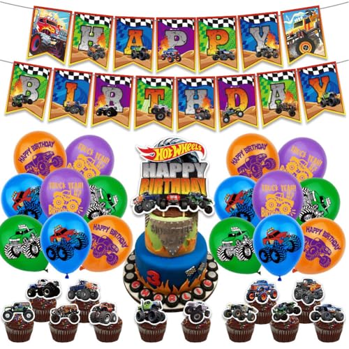 NVKRLFYD Monstertruck Geburtstagsdeko 31PCS: Monstertruck Banner, Kuchen Topper, Luftballons - Rot - Truck Party Dekoration für Kindergeburtstag, Abschlussfeier & mehr von NVKRLFYD