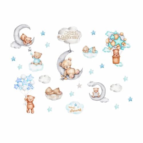 Wandtattoo Bär auf Mond Wandaufkleber Tiere Heißluftballon Wolken und Sterne Wandsticker Kinderzimmer Babyzimmer Schlafzimmer Wanddeko von NVKRLFYD