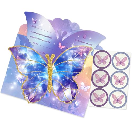 NVTRSD 12 Set (36 Stück) Einladungskarten Kindergeburtstag Mädchen, mit 12 Briefumschläge und Schmetterling Aufkleber, Kindergeburtstag Schmetterling Einladungen, Einladungskarten Kindergeburtstag von NVTRSD