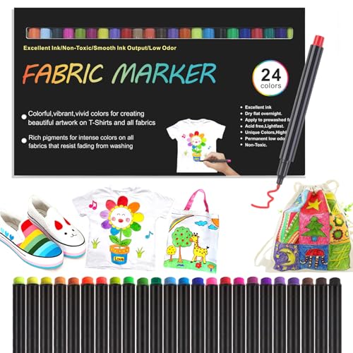 NXPUXP 24 Textilstifte Waschmaschinenfest,Textilmalstifte,Stoffmalstift,T-Shirt-Textilmarker,Ideal für T-Shirts,Taschen und andere Textilien von NXPUXP