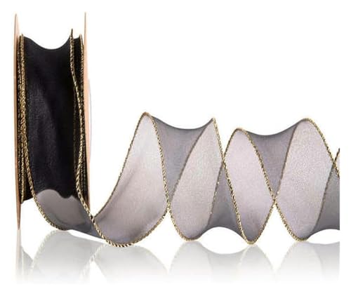 NXSLONE Geschenkband,Schleifenband, Dekoratives Weihnachtsband, 4 cm, transparente Organzabänder mit Draht und goldenem Rand, Chiffonband(Black,4cm X 2.2m) von NXSLONE