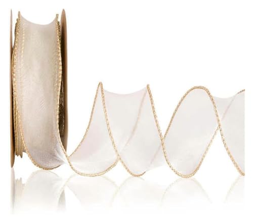 NXSLONE Geschenkband,Schleifenband, Dekoratives Weihnachtsband, 4 cm, transparente Organzabänder mit Draht und goldenem Rand, Chiffonband(Champagne,4cm X 9m) von NXSLONE