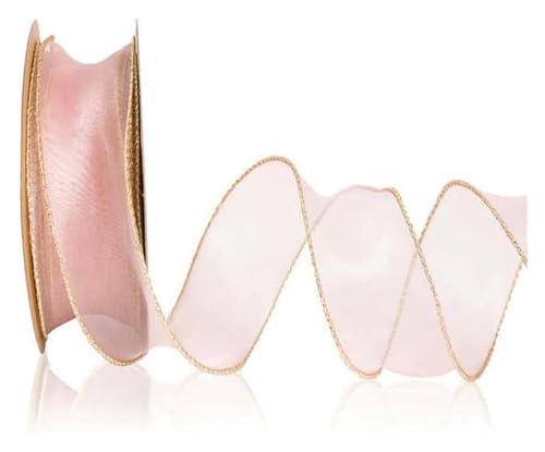 NXSLONE Geschenkband,Schleifenband, Dekoratives Weihnachtsband, 4 cm, transparente Organzabänder mit Draht und goldenem Rand, Chiffonband(Pink,4cm X 2.2m) von NXSLONE