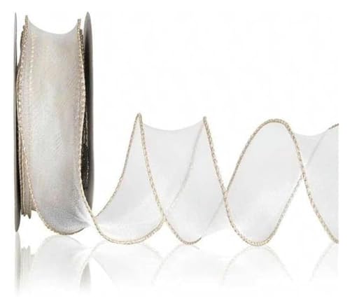 NXSLONE Geschenkband,Schleifenband, Dekoratives Weihnachtsband, 4 cm, transparente Organzabänder mit Draht und goldenem Rand, Chiffonband(White,4cm X 2.2m) von NXSLONE