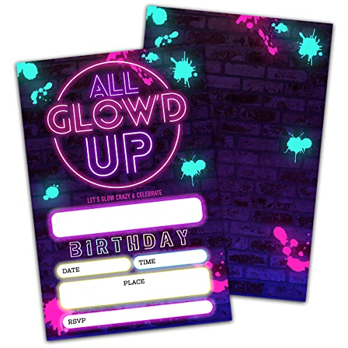 Geburtstagseinladungen mit leuchtenden Themen (10,2 x 15,2 cm), leuchtende Neon-Party-Einladungen, doppelseitig, 20 Einladungen mit Umschlägen, personalisiertes Partyzubehör, A20 von NYCTUG