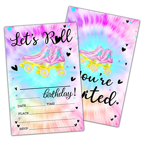 Let's Roll Geburtstagsparty-Einladungskarten, Batik-Rollschuh, doppelseitige Party-Einladung für Teenager, Jungen und Mädchen, Kinderparty-Feierbedarf, 20 Einladungskarten mit Umschlägen, B16 von NYCTUG