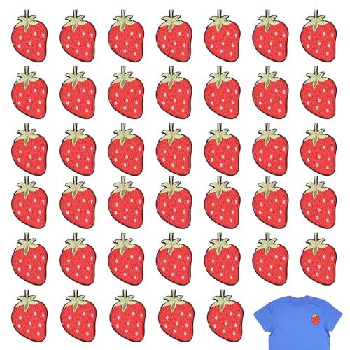 40 Stück Erdbeer-Stickerei-Aufnäher, Kinderkleidung zum Aufbügeln, Flicken zum Selbermachen, Kinder-Aufnäher, Aufbügelflicken, Jacken- und Jeans-Reparatur, Kleidungsflicken-Stoff von NYGGTYK
