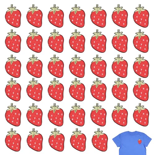 40 Stück Erdbeer-Stickerei-Aufnäher, Kinderkleidung zum Aufbügeln, Flicken zum Selbermachen, Kinder-Aufnäher, Aufbügelflicken, Jacken- und Jeans-Reparatur, Kleidungsflicken-Stoff von NYGGTYK