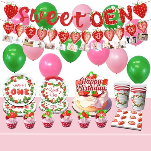 NYSLDSCO 101 Pcs Strawberry Party Geschirr Set, Erdbeer ballon, Mädchen und Kinder erste Geburtstagsparty, Nachmittagstee Party Dekoration, kann von 16 Gästen verwendet werden (01- CAOMEI A2) von NYSLDSCO