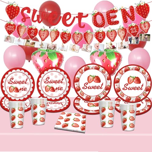 NYSLDSCO 70 Pcs Strawberry Party Geschirr Set, Erdbeer ballon, Mädchen und Kinder erste Geburtstagsparty, Nachmittagstee Party Dekoration, kann von 10 Gästen verwendet werden (01- CAOMEI A1) von NYSLDSCO