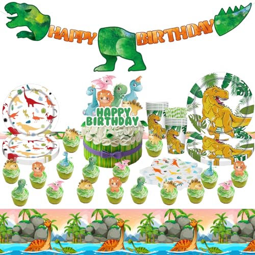 NYSLDSCO 99 Pcs Dinosaurier-Partygeschirr, Dino Deko Kindergeburtstag, Jungen und Kinder erste Geburtstagsparty, niedliche Ballon Dekoration, geeignet für 16-Gäste (01-KONGLONG A2) von NYSLDSCO