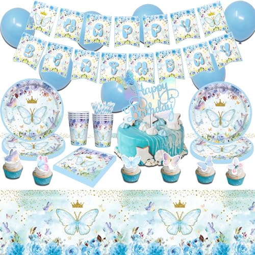 NYSLDSCO Blue Butterfly Party Dekoration, 115 Pcs PartyUtensilien,Kindergeburtstagsparty，Schmetterlinge deko geburtstag mädchen, passend für 16 Personen（01-HUDIE A2） von NYSLDSCO