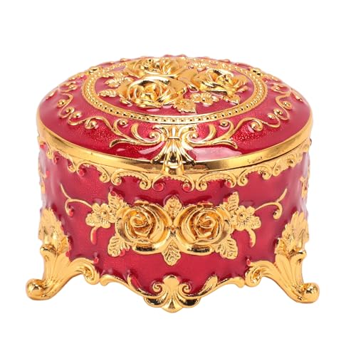 NYSUZHOUJI Vintage Metall Schmuckschatulle Exquisite handgeschnitzte Goldblumenmuster Schmuck Organizer für runde Ohrring Halskette Desktop Dekor (Rot) von NYSUZHOUJI