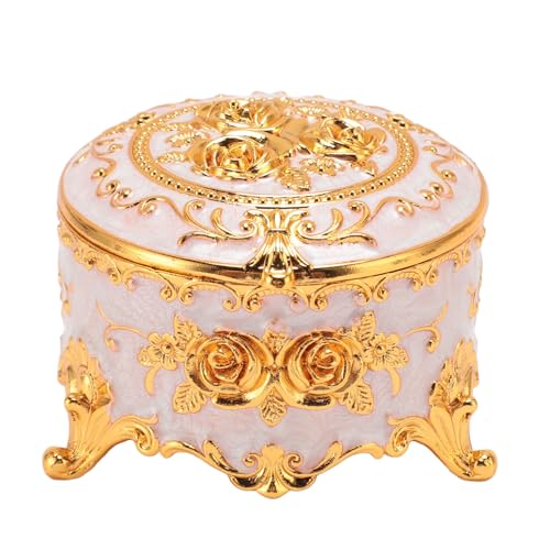 NYSUZHOUJI Vintage Metall Schmuckschatulle Exquisite handgeschnitzte Goldblumenmuster Schmuck Organizer für runde Ohrring Halskette Desktop Dekor (Weiß) von NYSUZHOUJI