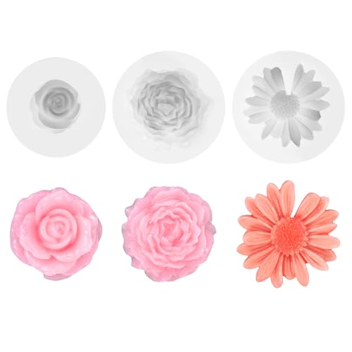 3-Teilige Silikonformen Gießformen, 3D Silikonform Blumen, Chrysanthemen-, Rosen- und Pfingstrosenblüten Formen, Geeignet für Handgefertigte Seifen Giessformen Silikon, Kerzen, Basteldekoration von NYTGAH
