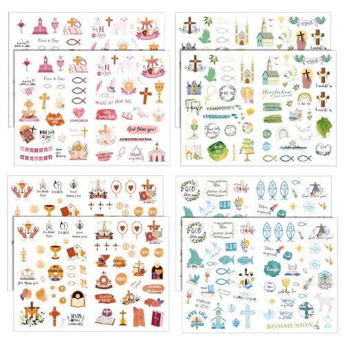 16 Bögen Taufe Kommunion Kinder Sticker, Konfirmation Deko Aufkleber, Taube Kreuz Fisch für Basteln Taufe, Kommunion Stickerbögen Mädchen Junge für Scrapbooking, Basteln von NYZQIW