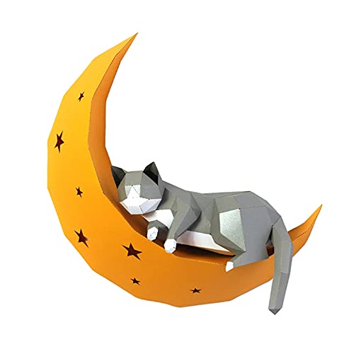 NZPOST Vorgeschnittenes 3D-Papier, Katze auf dem Mond, Heimdekoration, Papiermodell, Tier-Wandkunst von NZPOST
