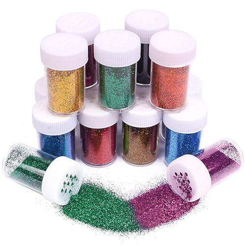 12 Farben Mini Glitzerpulver Set, Nicht Giftig Glitzerpuder Zum Basteln, Bunt Bastel Glitzer Set, Glitzerpulver Kreativ Set für DIY Crafts, Nägel, Körper, Haare, Festival-Party-Kunst, 12 x 18g(216g) von Naapesi