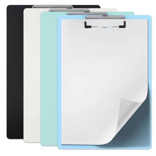 4 Stück A4 Klemmbretter,Multicolor Plastik Klemmbretter,Klemmbretter mit Metallklemme,Robuste A4 Klemmbretter für Studenten, Büro und Arbeit (Weiß, Schwarz, Hellgrün, Hellblau) von Naapesi