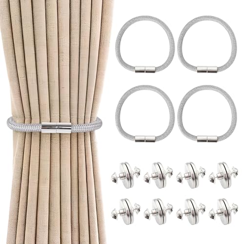 Naapesi 4 Stück Grau Magnetische Vorhang Raffhalter mit 4 Paare Vorhang Magnetischer Verschluss, Vorhang Krawattenhalter,Raffhalter für Gardinen Halterung,Gardinen zubehör für Zuhause und Büro von Naapesi