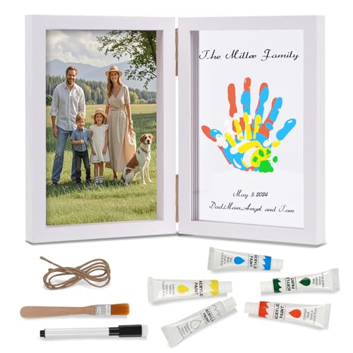 Nabance Handabdruck set Familie für 4, Bastel Bilderrahmen aus Holz Handabdruck Baby Fotorahmen Set Pfotenabdruck set Hund Fingerfarben Kinder Ungiftig Muttertagsgeschenk Vatertagsgeschenk von Nabance